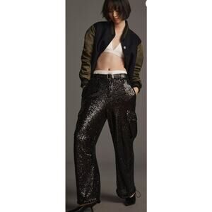 NWT By Anthropologie Sequin Cargo Pants Size 2 Oversized Black Disco